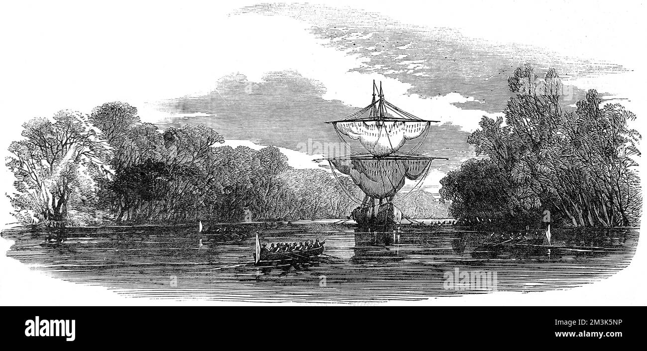 Capture d'un castor africain par H.M.S. Linnet dans la rivière Pongas le 30 avril 1853. La traite des esclaves avait été abolie à cette époque, mais l'abolition devait encore être appliquée. 1853 Banque D'Images