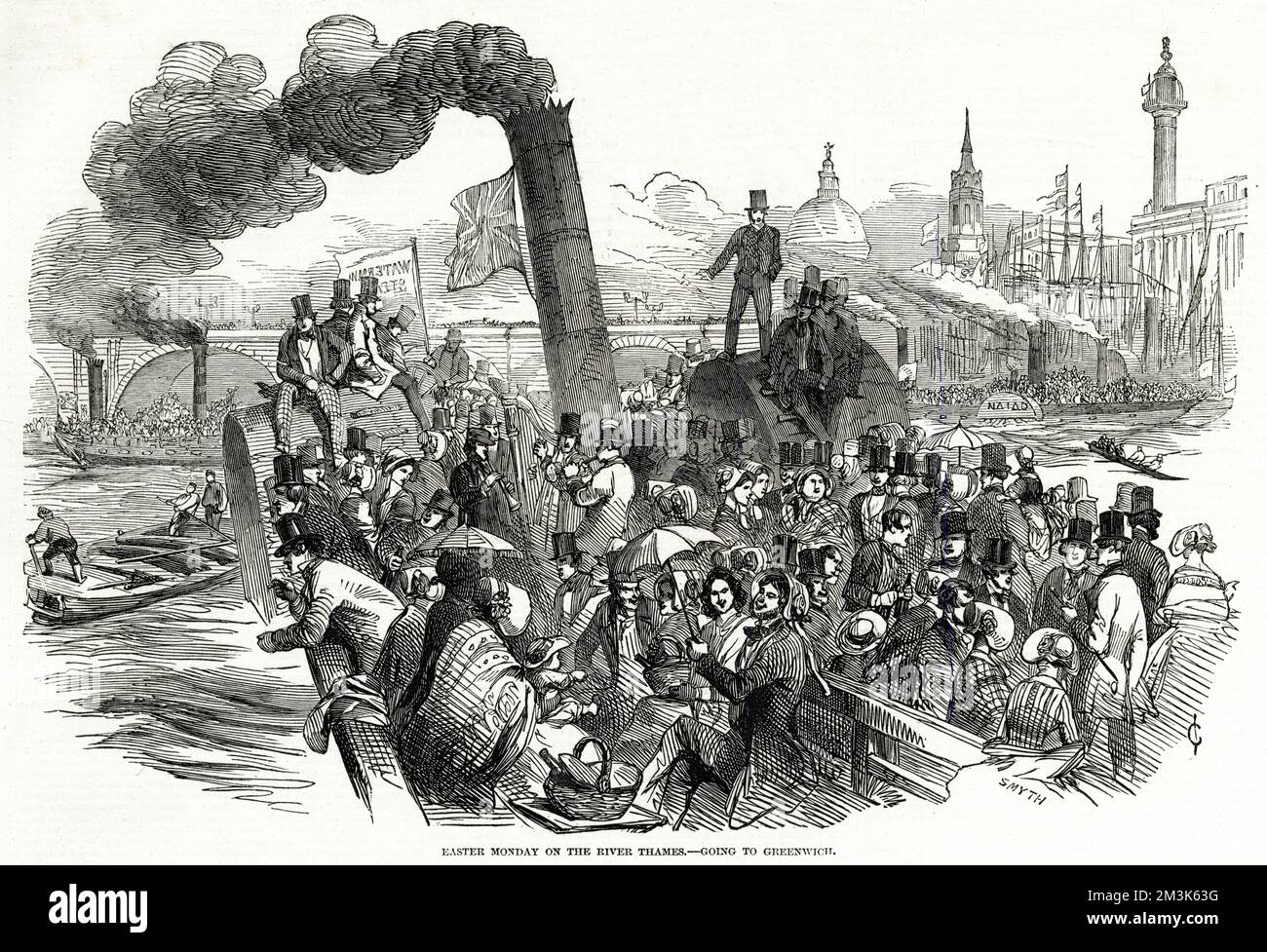 Passagers à bord d'un bateau à aubes, en direction de la Tamise vers Greenwich le lundi de Pâques. Cette vue montre le pont du bateau en direction de Londres, avec le Monument et St. La cathédrale de Pauls se trouve sur la droite. Date: 1847 Banque D'Images