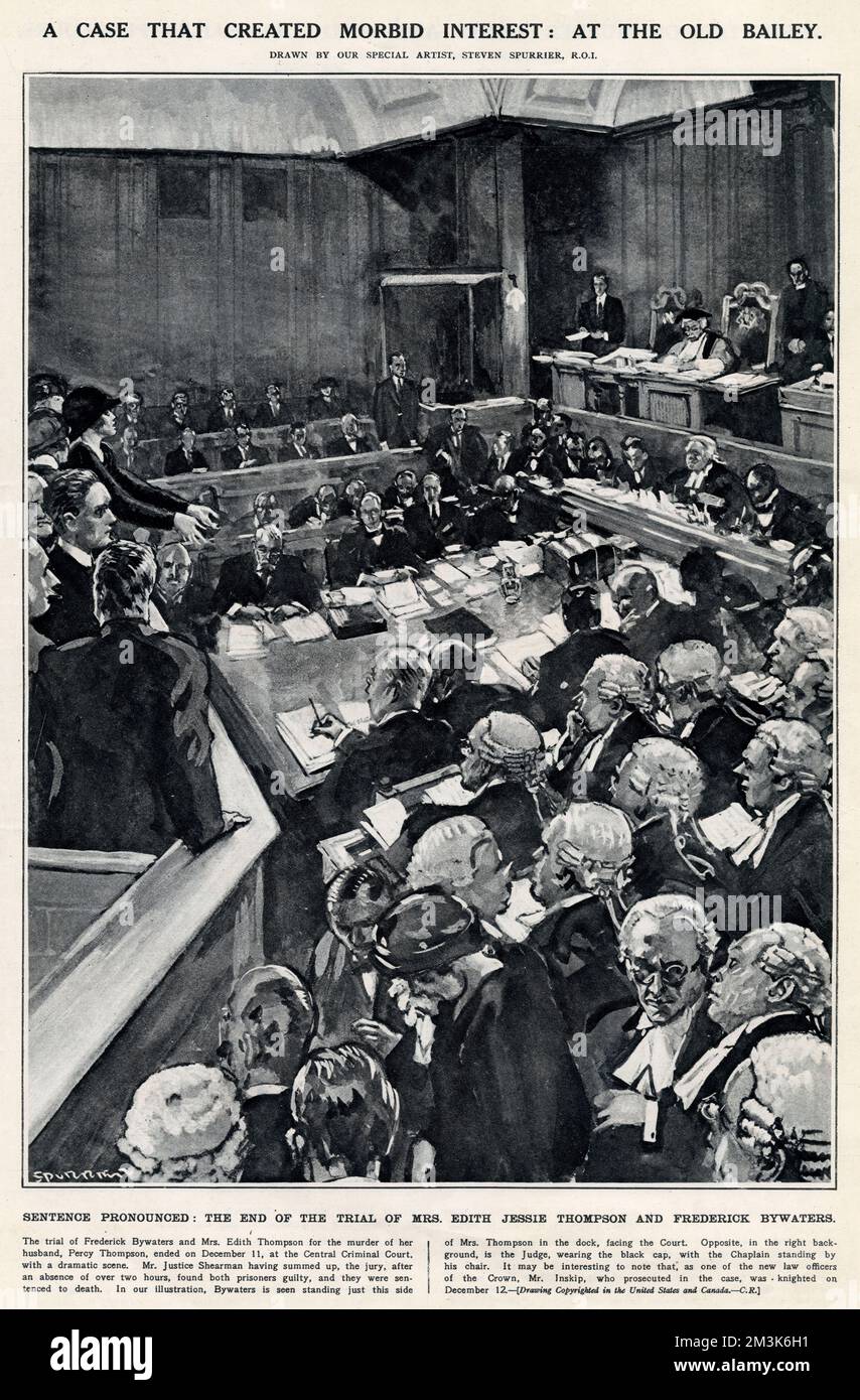 Scène dans la cour pendant le procès de Frederick Bywaters et de Mme Edith Thompson à la cour criminelle centrale (le « Old Bailey ») en 1922. Sur cette image, le juge Shearman (à droite) porte la casquette noire, qui a signifié la peine de mort pour les deux défendeurs. Bywaters et Thompson sont à gauche de l'image. 1922 Banque D'Images