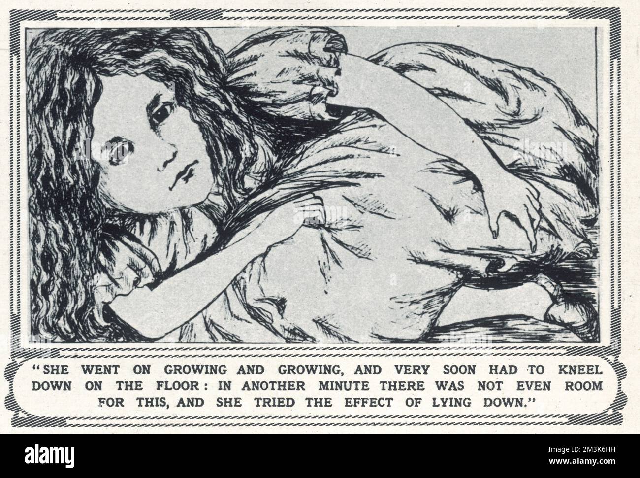 Illustration tirée du manuscrit original de 'Lewis Carroll' (rév. C.L. Dodgson) « Alice in Wonderland », montrant « Alice » s'est maudiée à mesure qu'elle grandit et grandit. Les dessins du rév. Dodgson (y compris celui-ci) ont été étroitement copiés par Sir John Tenniel pour ses illustrations à la première édition de 'Alice au pays des Merveilles'. Date: 1862 Banque D'Images