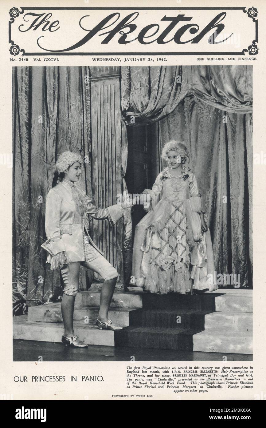 Une couverture avant de The Sketch montrant « le premier Pantomime royal enregistré ». La princesse Elizabeth et la princesse Margaret en tant que principal garçon et fille dans 'Cendrillon'. Pendant la Seconde Guerre mondiale, les deux princesses ont passé la majeure partie de leur temps au château de Windsor et se sont toujours produits lors de ce qui est devenu un événement de Noël annuel traditionnel. Date: 1942 Banque D'Images