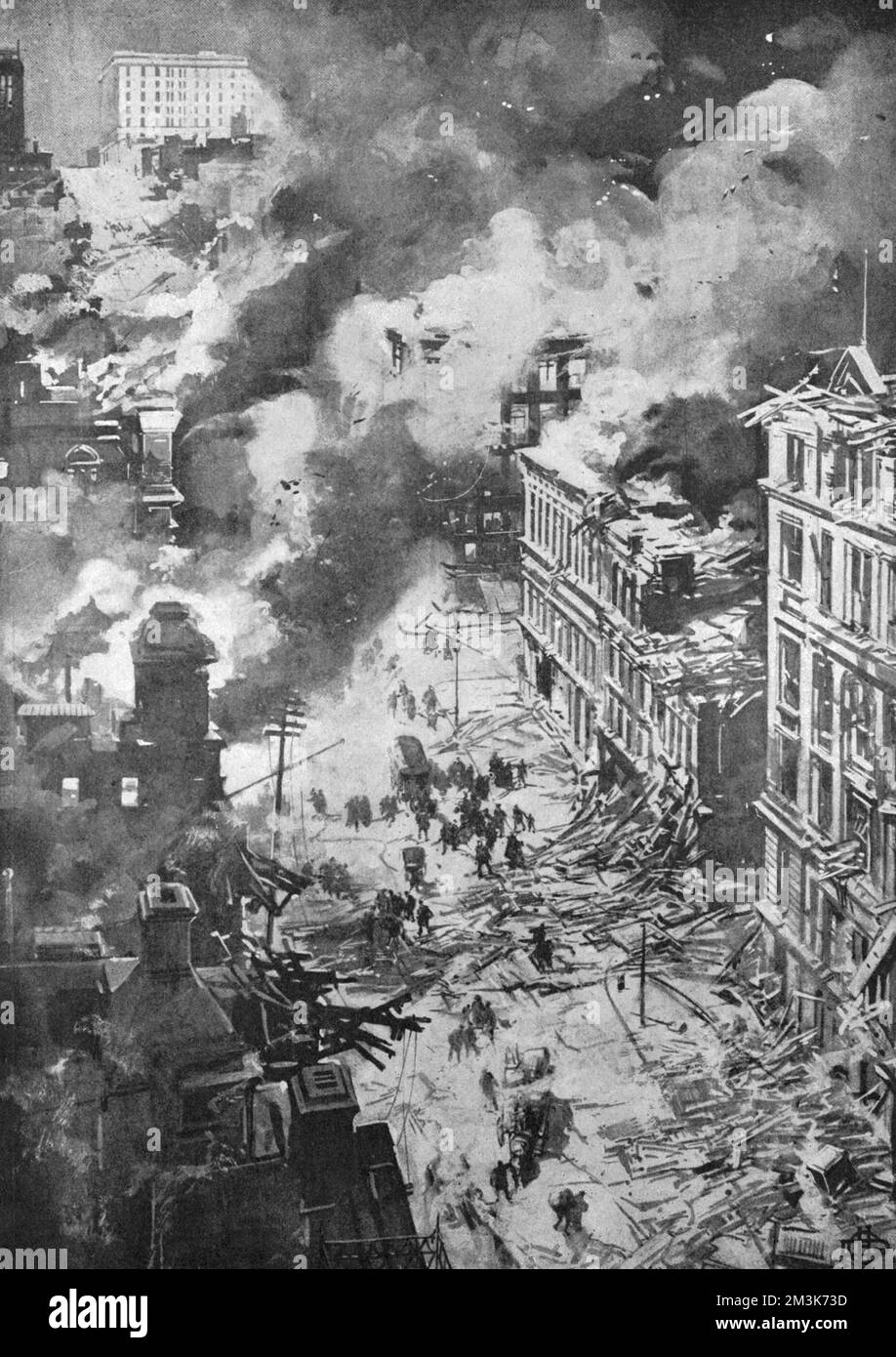 Dessin de l'artiste spécial de 'Leslie's Weekly', un papier pictural américain, représentant l'épave de California Street. La grande avenue était parsemée de débris dispersés par le tremblement de terre et les incendies qui ont suivi ont achevé la ruine des bâtiments brisés. Au loin, on peut voir le nouvel hôtel Fairmount qui a été incendié mais pas détruit. Le tremblement de terre s'est produit le 18th avril 1906 à San Francisco, Californie, États-Unis, qui se trouve à travers la faille de San Andreas. Mesurant 7,9 sur l'échelle de richter, le tremblement de terre et les incendies qui ont suivi ont entraîné la perte de 3000 vies et plus de 3 Banque D'Images