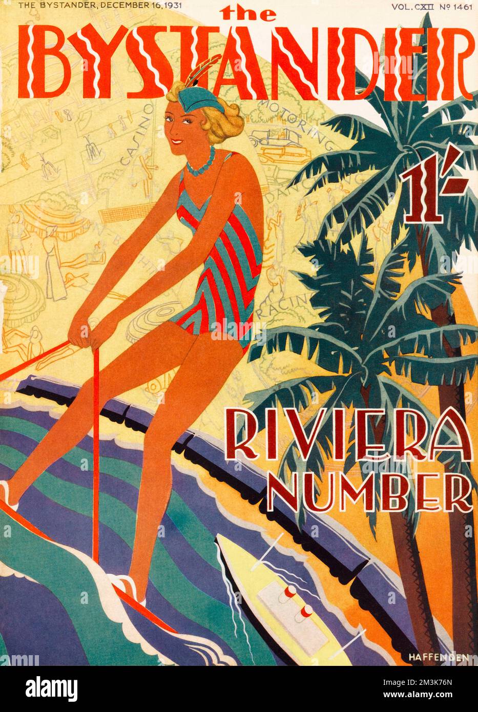 Motif stylisé de couverture avant pour le numéro Riviera du spectateur montrant une femme dans un maillot de bain ski nautique. Date: 1931 Banque D'Images