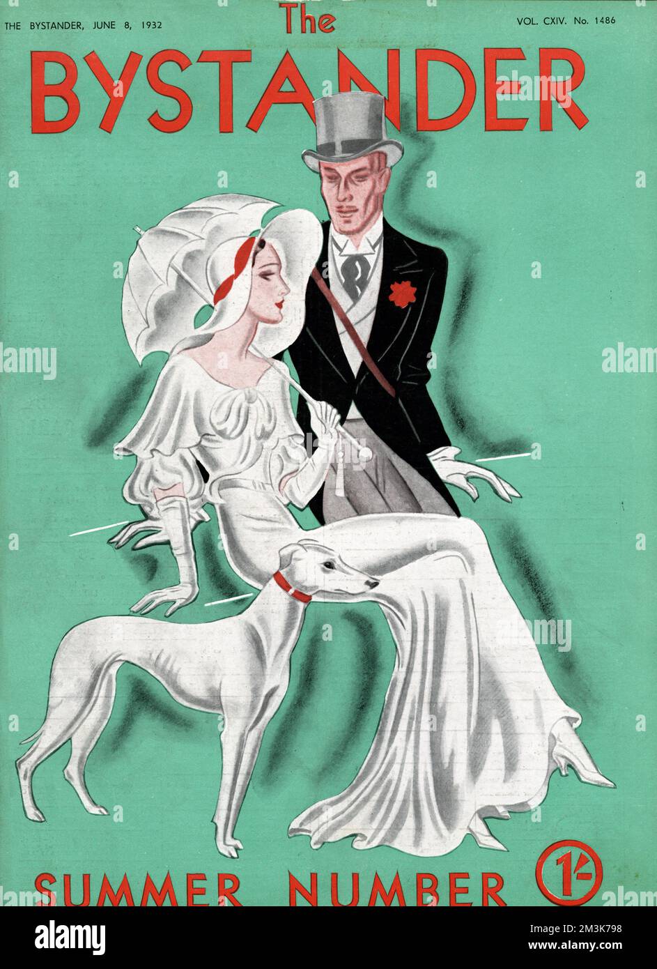 Illustration de la couverture du passant représentant un élégant couple habillé pour un événement saisonnier comme Ascot, accompagné d'un greyhound. Date: 1932 Banque D'Images