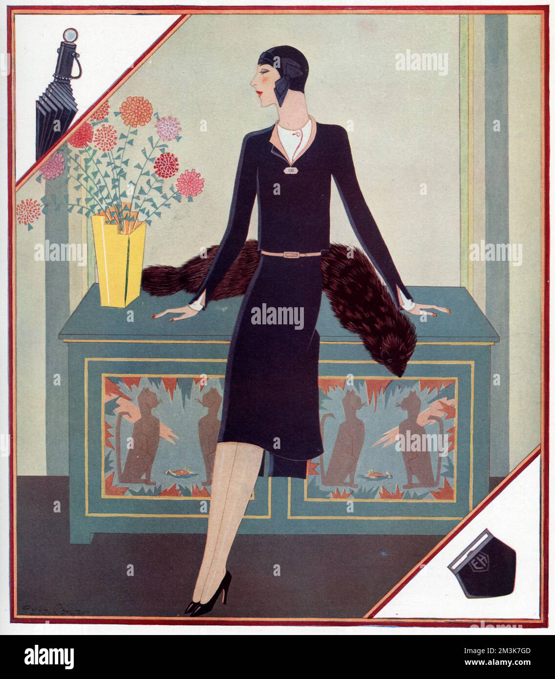 Une illustration de la mode de Gordon Conway montrant un modèle portant un costume en laine porté avec une chemise en soie sans col. Une stole en fourrure peut être vue sur la table derrière le modèle. 1929 Banque D'Images