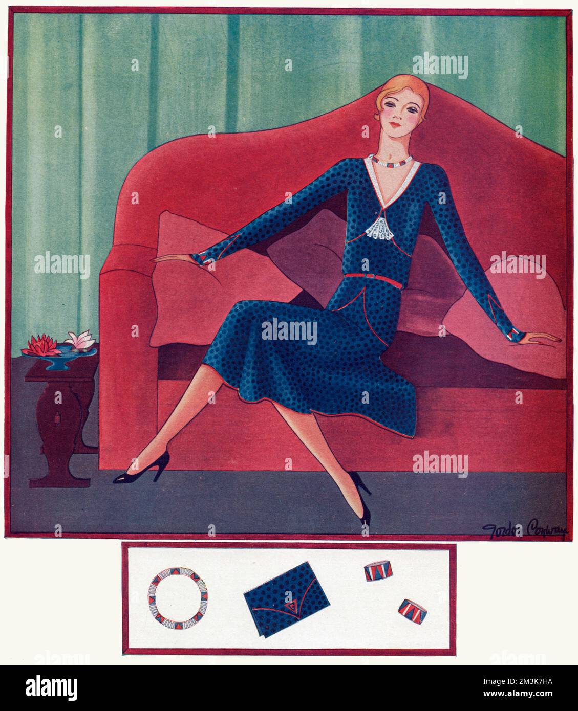 Illustration de la mode par Gordon Conway montrant un modèle portant une robe en velours à imprimé bleu. 1929 Banque D'Images