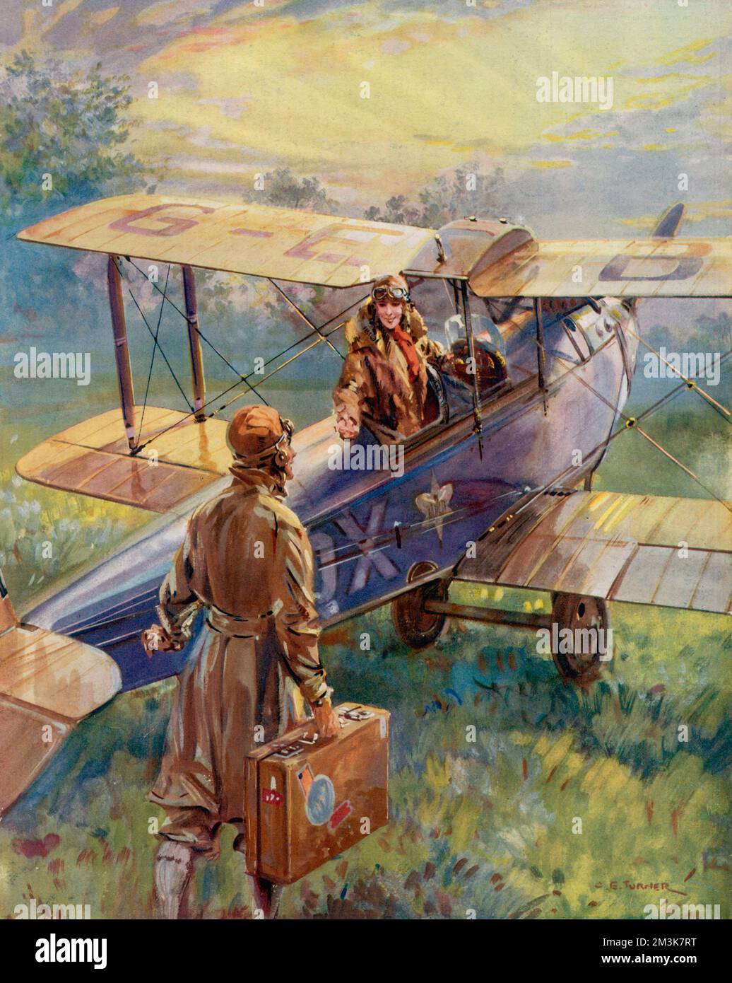 Illustration de 1928 par C.E. Turner reflète la montée croissante des vols civils en 1920s. La légende se lit comme suit : «... le mois dernier seulement, il y a eu une fête maison au cours de laquelle les dix invités (tous propriétaires d'avions) sont arrivés de Londres et Canterbury en cinq « papillons » et un « Widgeon ». Les atterrissages ont été effectués sur le terrain de l'hôte, et les petites machines volantes ont été logées dans les garages automobiles ordinaires. Le dimanche, l'hôtesse adn hôte, accompagnant leurs invités, toute la partie s'est envolée de Cirencester à Lambourne Down, dans le Berkshire, pour un pique-nique. Notre dessin n'illustre pas un particulier Banque D'Images