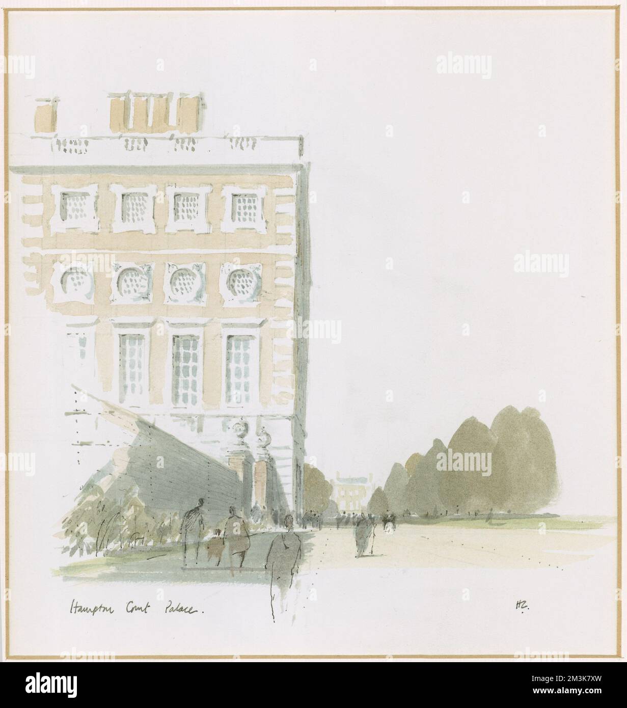 Aquarelle et peinture au stylo de Hampton court Palace, Londres. The Illustrated London News a présenté une longue série de peintures de l'architecture de Londres par Sir Hugh Maxwell Casson à la fin de 1960s et jusqu'en 1970s. Banque D'Images