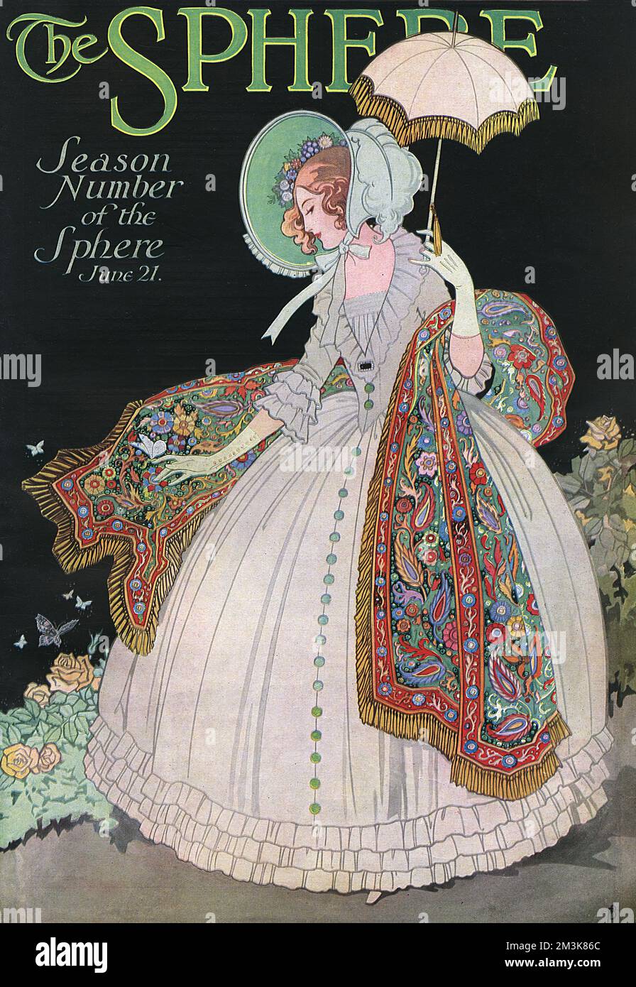Illustration de la couverture avant du numéro de saison estivale 1924 de la sphère, avec une image stylisée d'une dame victorienne avec capot, châle et parasol. 1924 Banque D'Images