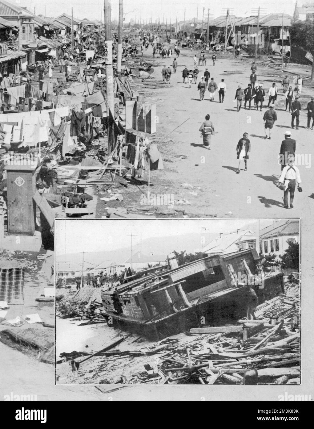Tremblement de terre catastrophique qui a frappé Tokyo et la ville voisine de Yokohama en 1923. Le tremblement de terre s'est produit à midi le 1st septembre, à l'époque où de nombreuses personnes préparaient leurs repas. Les incendies se propagent détruisant tout ce que le tremblement de terre avait laissé derrière lui. Le nombre de morts a augmenté à plus de 70000, et beaucoup plus de personnes ont laissé sans abri. Date: 1923 Banque D'Images