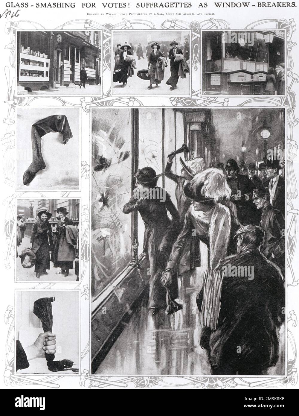 Des suffragettes brisent les fenêtres pour protester contre le droit de vote. Date: 1912 Banque D'Images