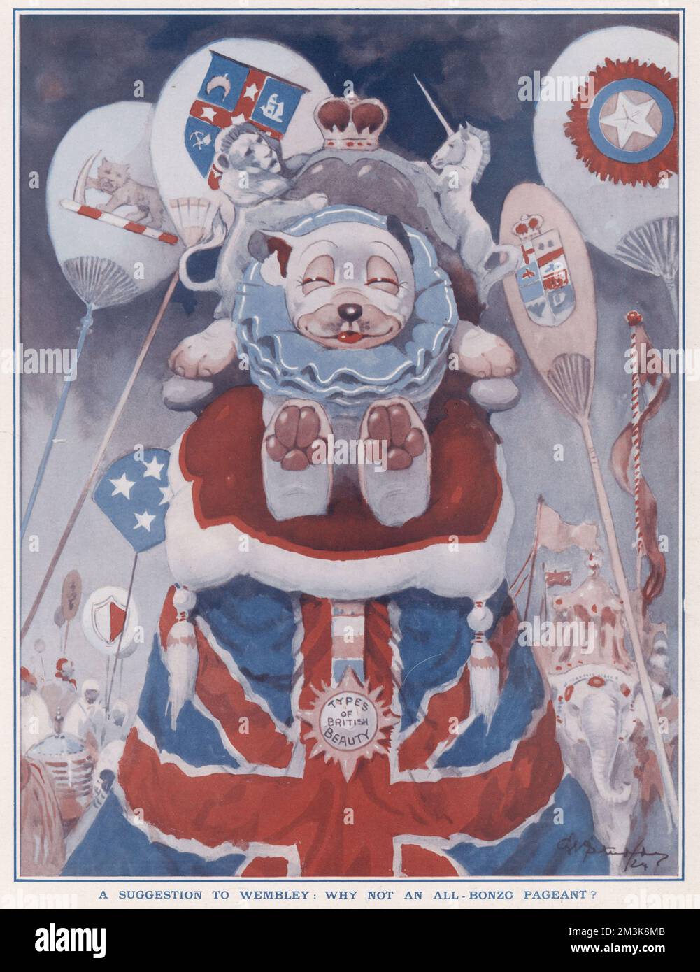 Cette illustration montre une idée de l'exposition de l'Empire britannique qui a eu lieu à Wembley en 1924. George Ernest Studdy (1878-1948) est le créateur de 'Bonzo', un petit chien aux yeux soucoupes et à l'élevage indiscriminé qui est apparu pour la première fois dans The Sketch en 1922. La folie « Bonzo » a balayé le monde, avec des cartes postales, des annuals, des jouets et d'autres marchandises. Studdy a également produit un grand corps de travail pour l'esquisse avant et après Bonzo y compris sa création ultérieure, Ooloo le chat. Ses premiers chiens de dessin animé étaient simplement connus sous le nom de 'chien tuddy' jusqu'à ce que les lecteurs demandent un nom et Bruce Ingram, l'il Banque D'Images