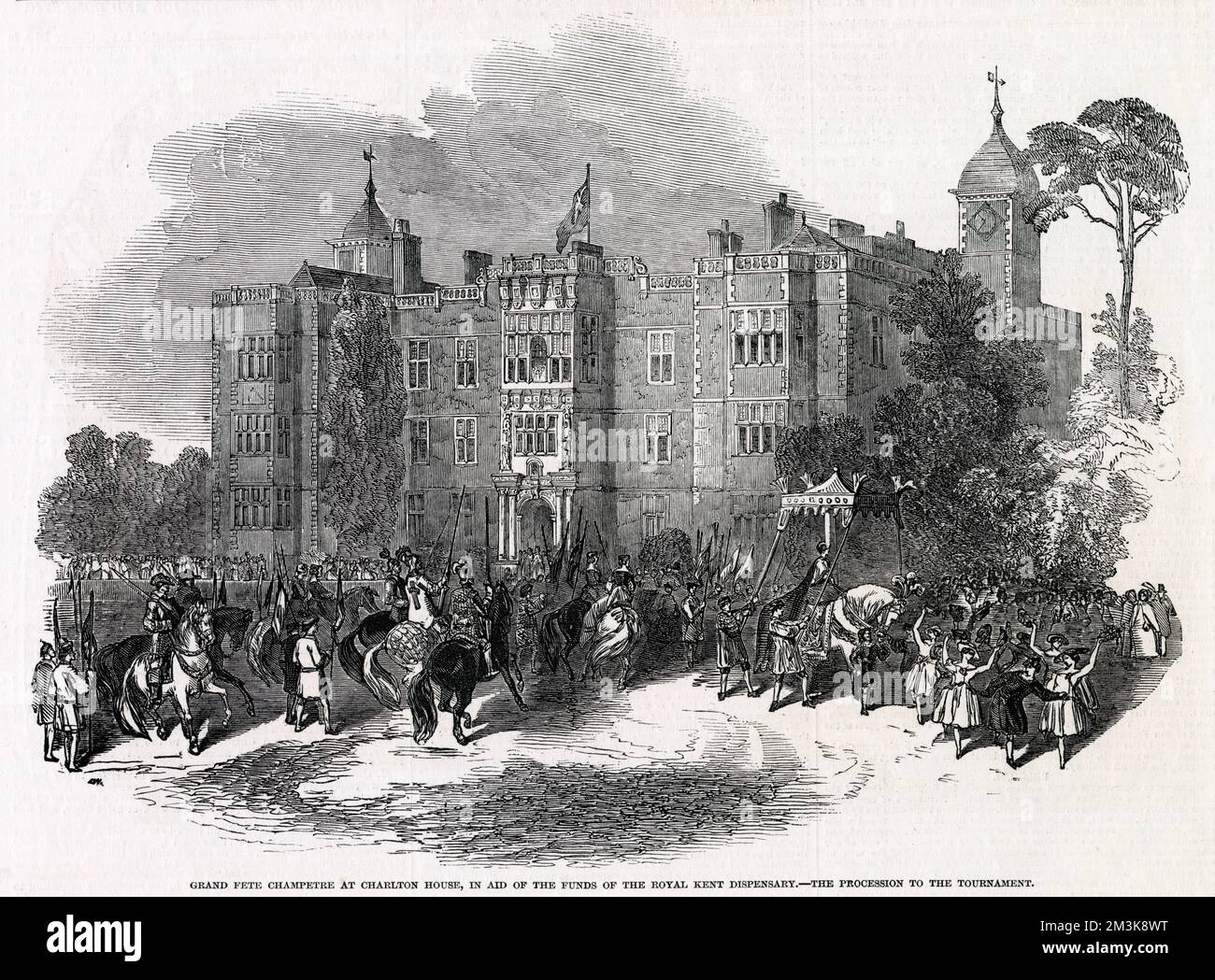En face de la Heath de notre bibliothèque, Charlton House est souvent le théâtre d'événements tels que ce fète en aide au Royal Kent Dispensary, avec un tournoi. Date: 1848 Banque D'Images