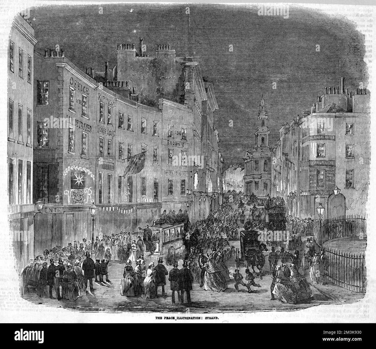 Les Londoniens célèbrent la victoire de la fin de la guerre en Crimée en la faisant passer dans le Strand à l'extérieur des locaux de l'Illustrated London News. 1856 Banque D'Images