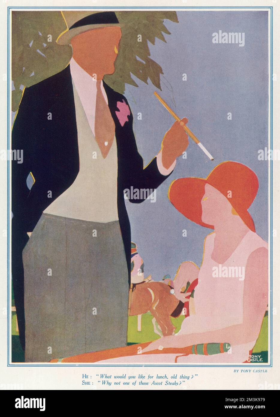 Une illustration stylisée représentant aux amateurs de course élégants lors des courses d'Ascot en 1929, il avec un chapeau haut et un porte-cigarette; sa langouine avec un chapeau rouge. Date: 1929 Banque D'Images