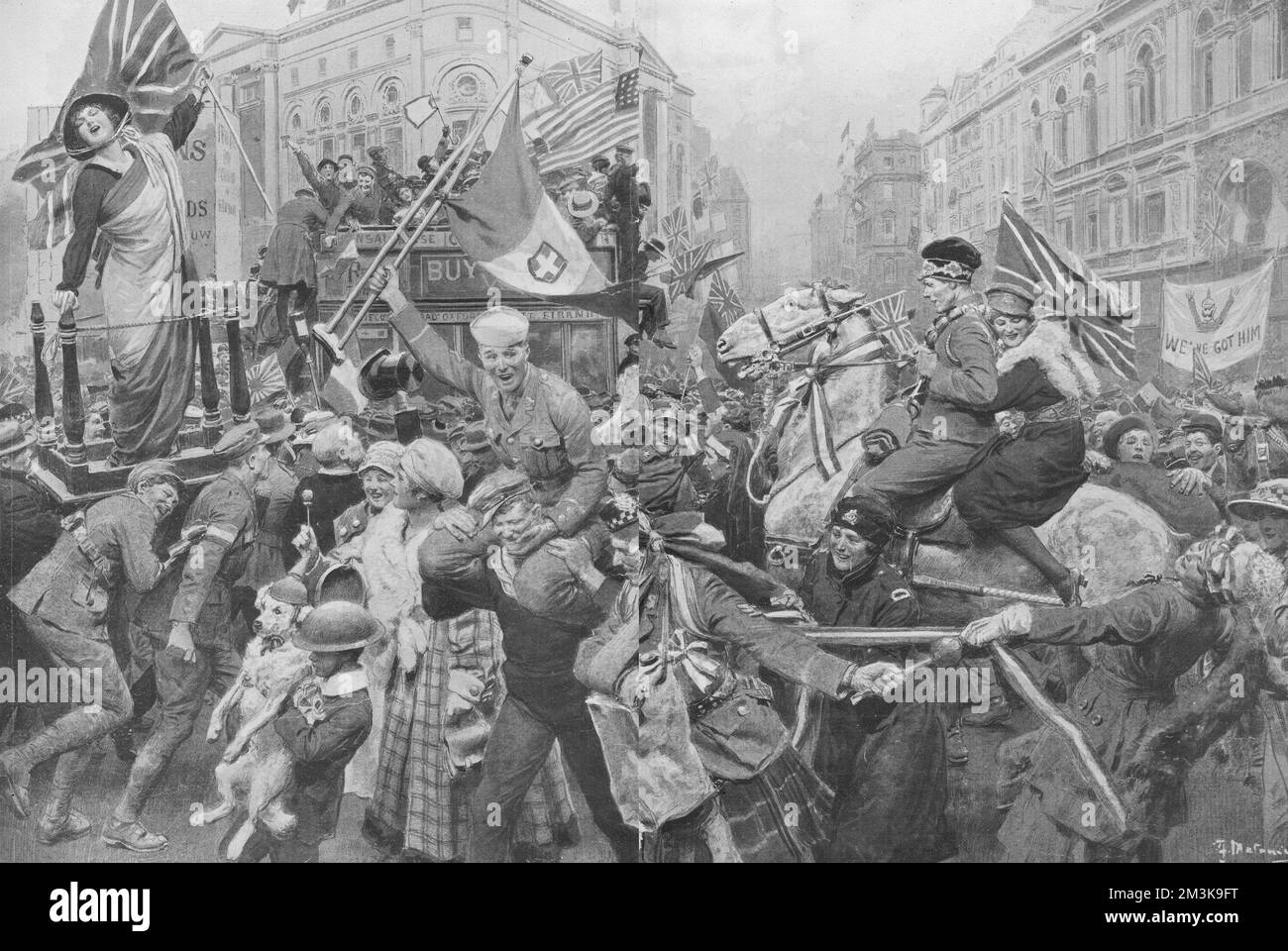 Une scène à Piccadilly Circus, dans le centre de Londres, donnant une impression de célébrations de la victoire à la fin de la première Guerre mondiale Divers soldats rejoignent des civils et même des chiens dans une mêlée de drapeau joyeux qui agite et applaudissent. Date : 23 novembre 1918 Banque D'Images