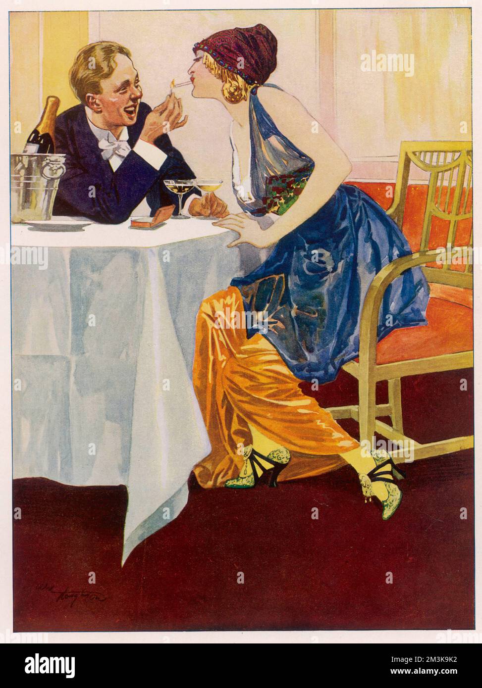 Intitulée, "nous faisons des progrès décidés-", un jeune homme flirte avec son compagnon de dîner comme il allume sa cigarette. Il est peut-être là. 1 images sur 2. Date: 1914 Banque D'Images