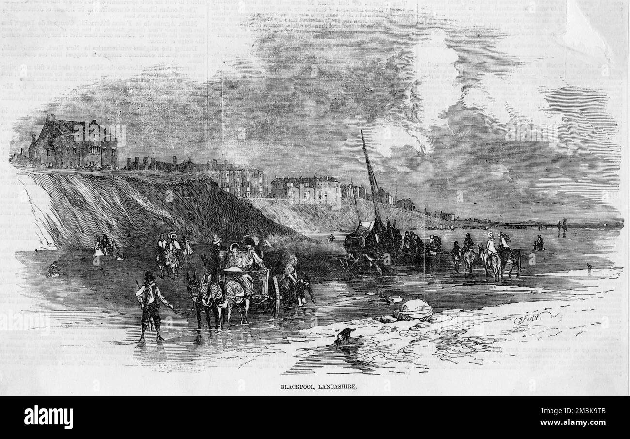 Blackpool, Lancashire, est déjà devenu une station de vacances populaire au milieu du 19th siècle - les femmes sont conduites pour une excursion en bord de mer dans un âne-charrette. 1856 Banque D'Images
