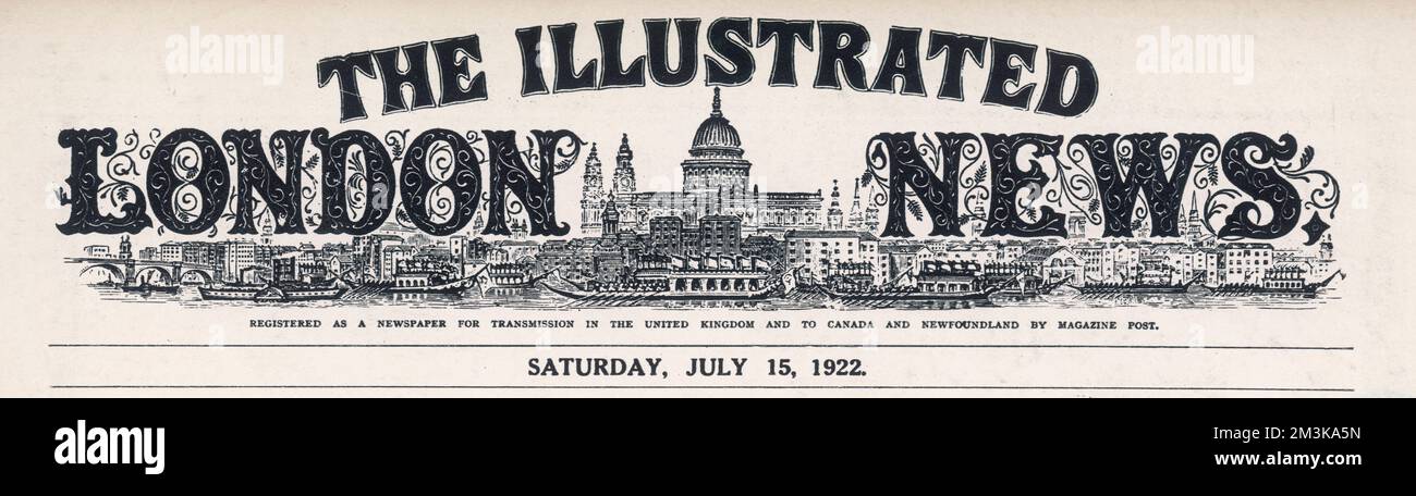 Le générique de The Illustrated London News, qui est apparu sur la première page intérieure. 15 juillet 1922 Banque D'Images