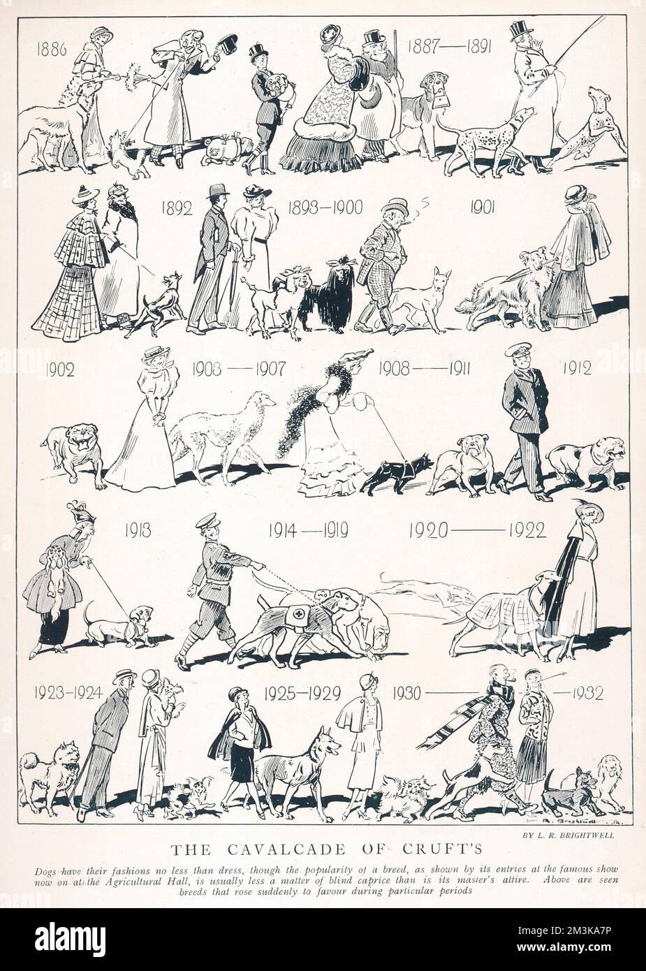 Une image humoristique séquentielle montrant les changements de goûts des races de chiens en Grande-Bretagne à travers les années de la période victorienne à 1932. Date: 1932 Banque D'Images