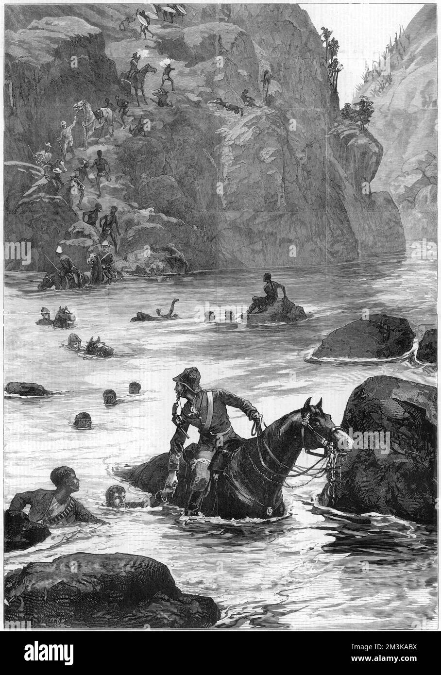 La guerre de Zulu : retrait des forces britanniques de leur défaite à Isandlwana, en face de la rivière Buffalo ; les soldats croissent avec des chevaux, d'autres hommes nagent. Date: 1879 Banque D'Images