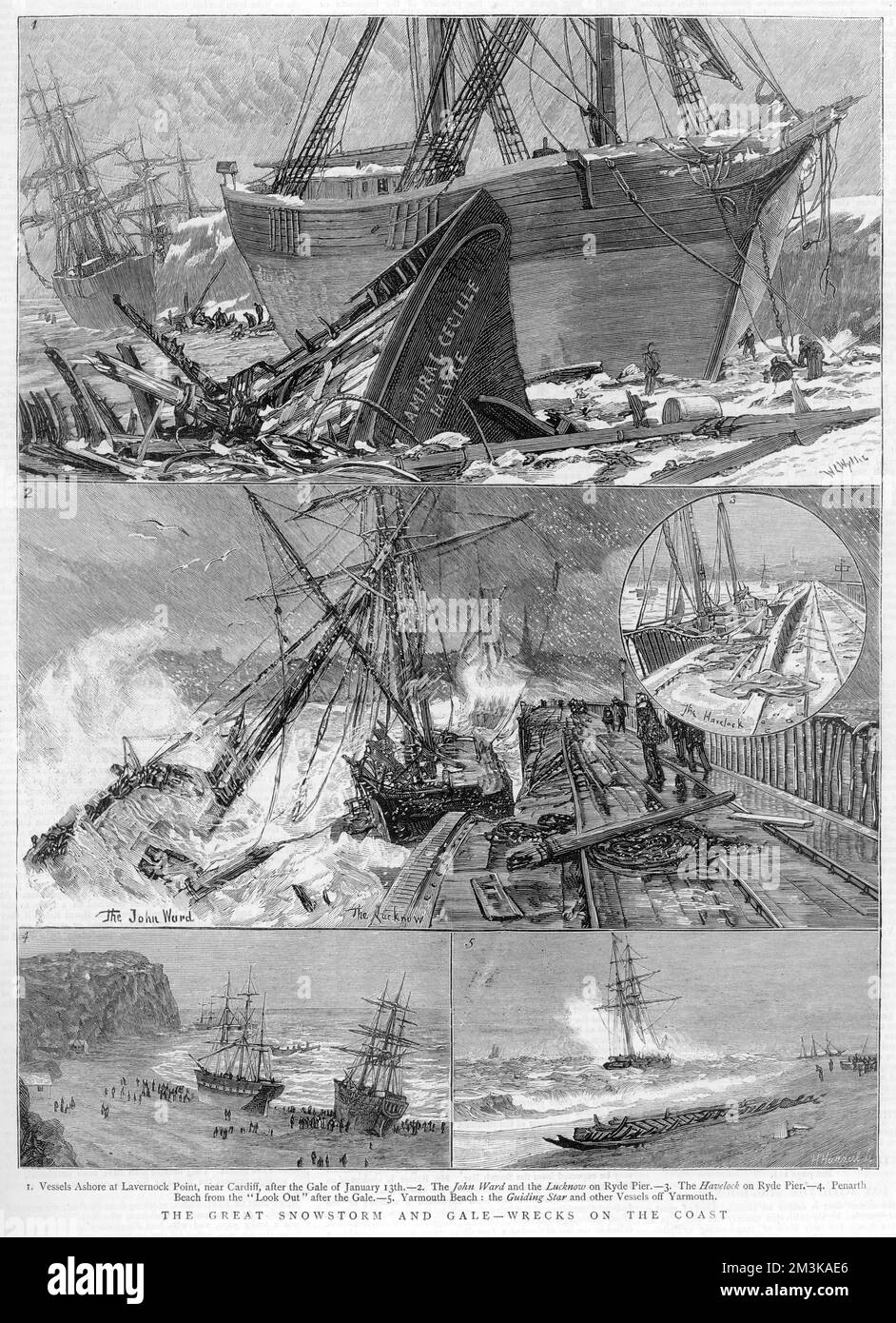 Divers navires et navires, dont le Lucknow et Havelock sur Ryde Pier, sont battus par la grande tempête de neige et les gales du 18th janvier 1881. Janvier 1881 Banque D'Images