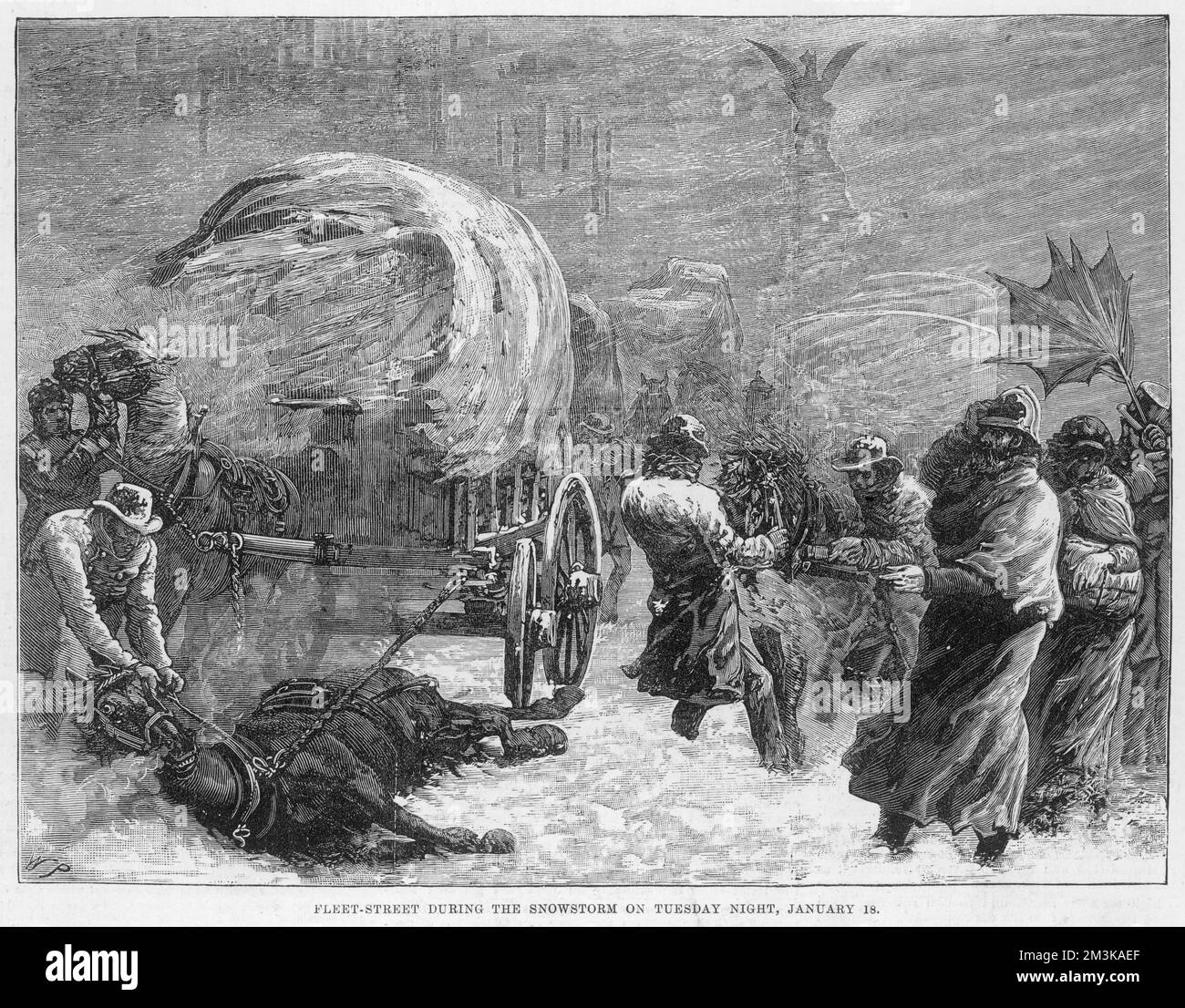 Fleet Street pendant la tempête de neige de mardi soir de 18 janvier 1881 montrant des chevaux et des autocars piégés dans la neige. Date : janvier 1881 Banque D'Images