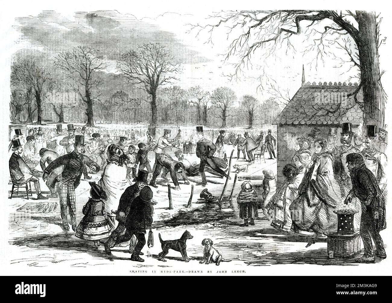 Scène à Hyde Park sur le lac de Serpentine, des foules de personnes faisant le maximum de l'hiver en ayant un moment agréable sur la glace gelée. Date: 1857 Banque D'Images