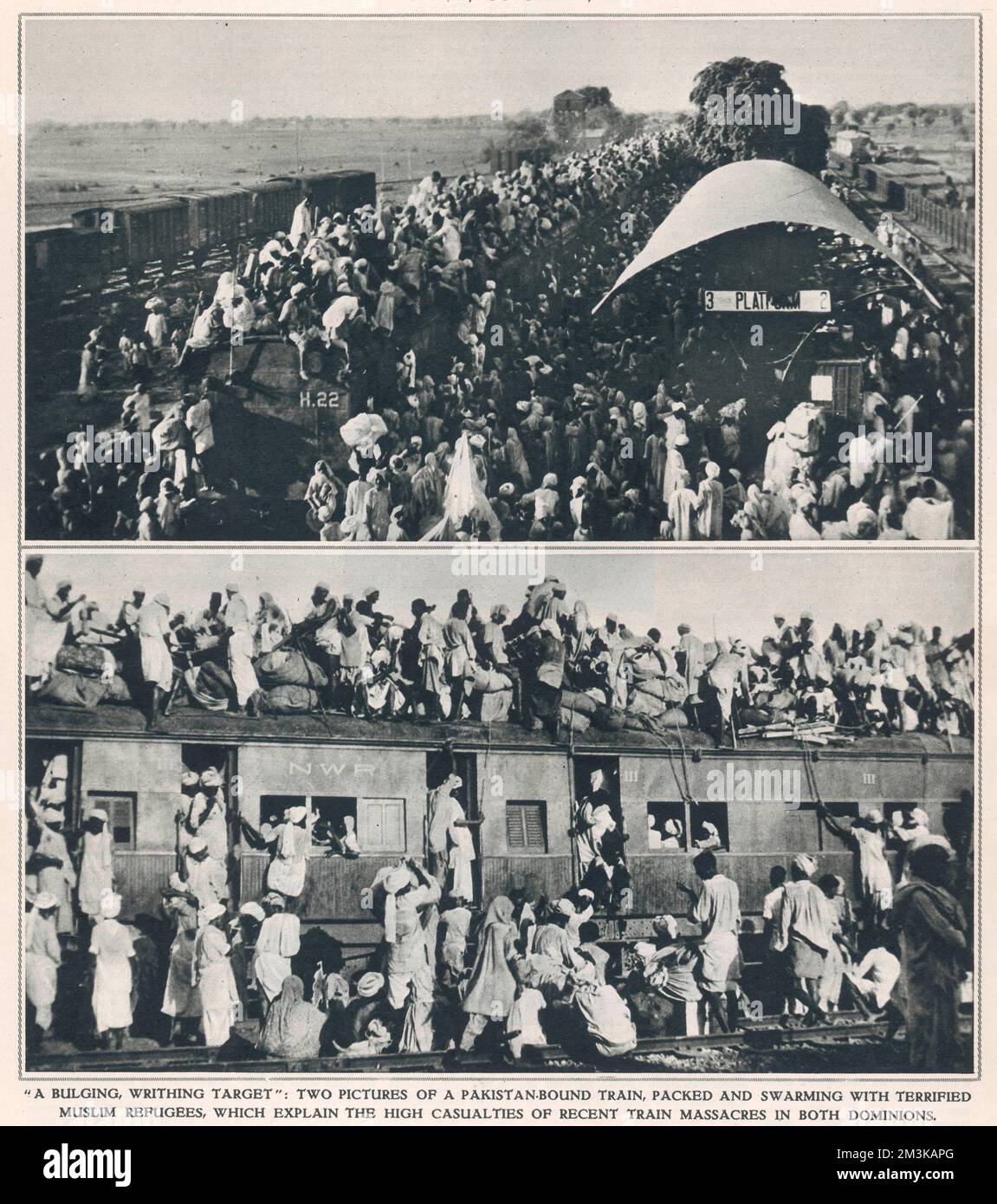 Deux trains remplis de réfugiés musulmans en route de Delhi au Pakistan. Un train de réfugiés « cible de force et de force » a été attaqué par les Sikhs à Amritsar le 22nd septembre et une attaque de vengeance par les musulmans le 24th septembre à Komake a coûté la vie à des centaines de Sikhs et d'hindous. 1947 Banque D'Images