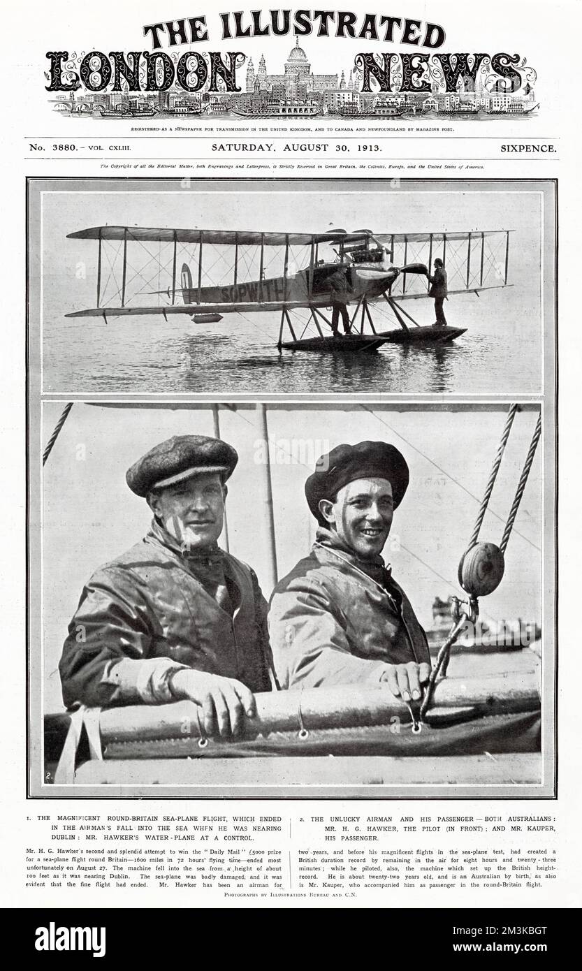 Harry Hawker (1889 - 1921), le pilote et le passager tentent de remporter le prix « Daily Mail » £5000, dans toute la Grande-Bretagne. Malheureusement, le 27th août, la machine est tombée dans la mer d'une hauteur d'environ 100 pieds près de Dublinand a été endommagée pour terminer le vol. Banque D'Images