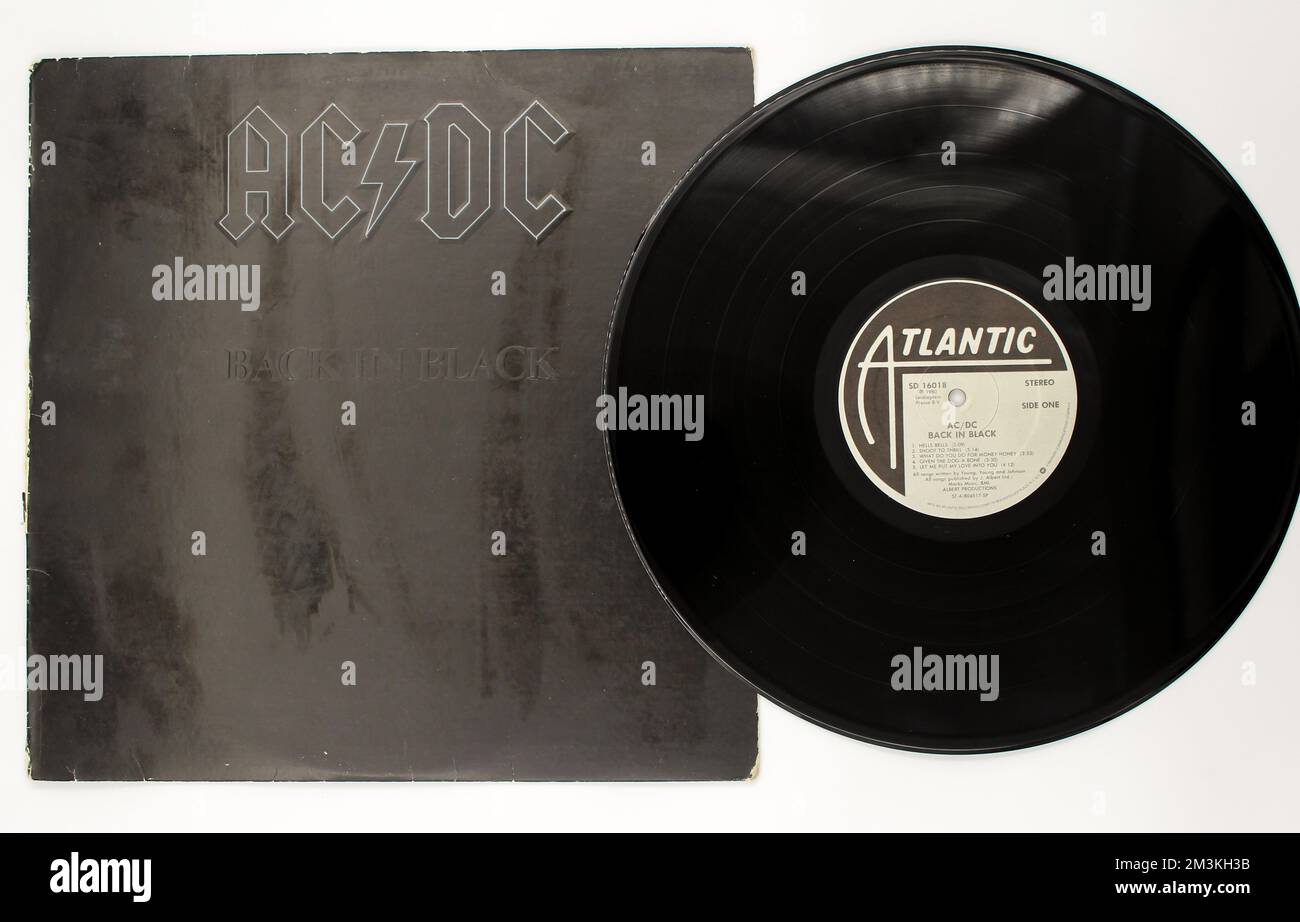 Groupe de rock australien classique, album de musique ACDC sur disque vinyle LP. Intitulé Retour dans la couverture de l'album noir Banque D'Images