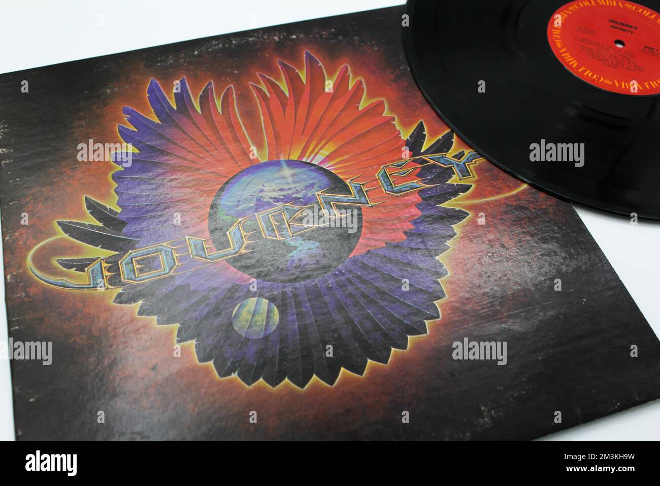 Hard Rock et soft rock band, Journey band album de musique sur vinyle disque LP. Intitulé: Couverture de l'album infini Banque D'Images