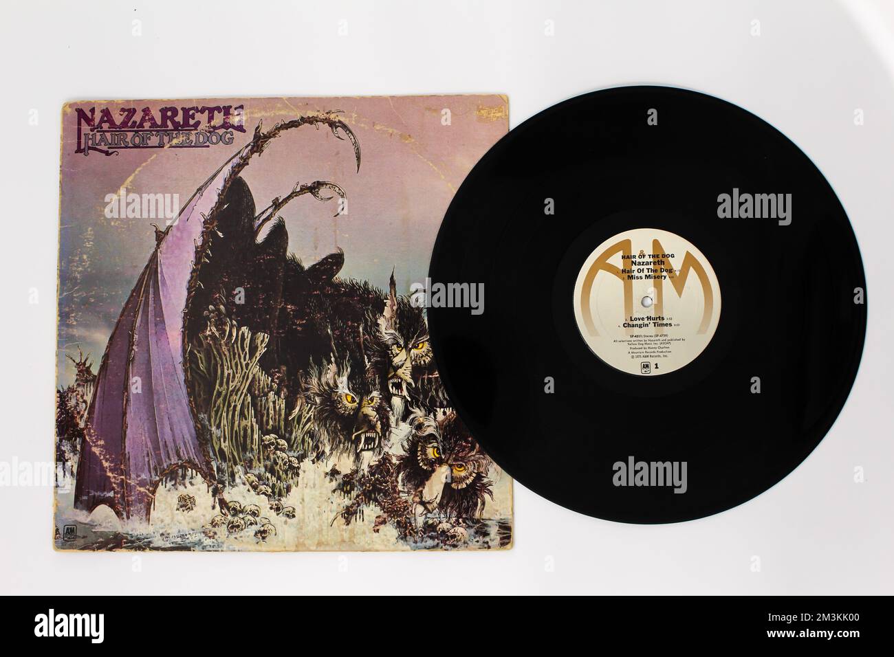 Hair of the Dog est le sixième album studio du groupe Scottish Hard Rock Nazareth sur fond d'album vinyle LP. Banque D'Images