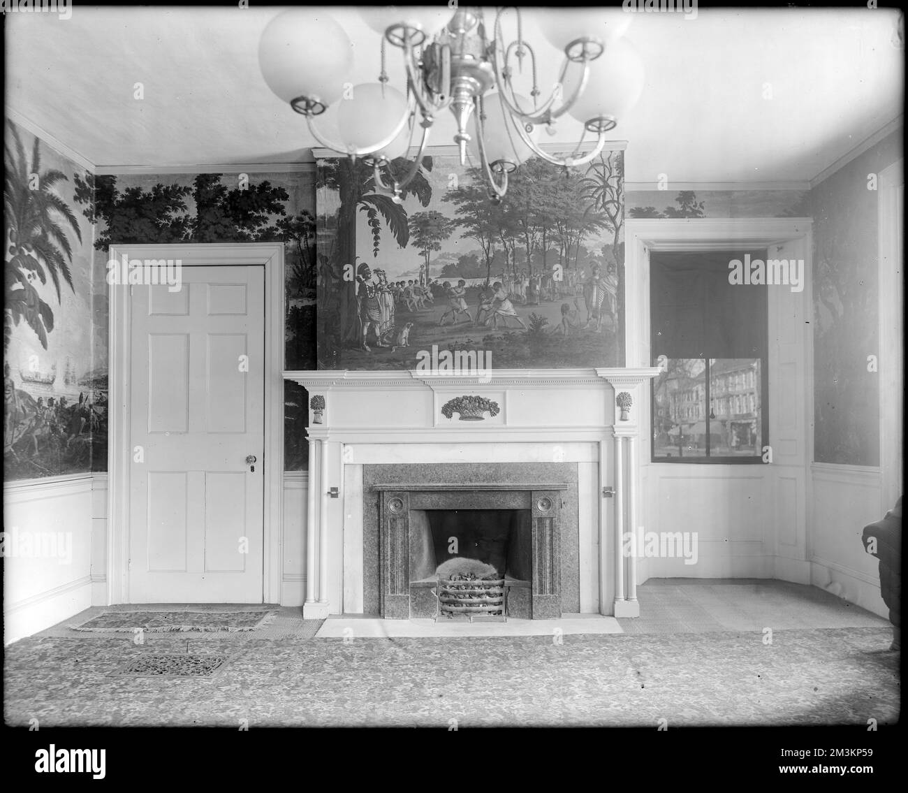 Peabody, 67 main Street, détails intérieurs, papier peint, maison Samuel Ham, 1800 , Maisons, intérieurs, Fonds d'écran, cheminées, Les mantels. Collection de négatifs sur plaque de verre de Frank cousins Banque D'Images
