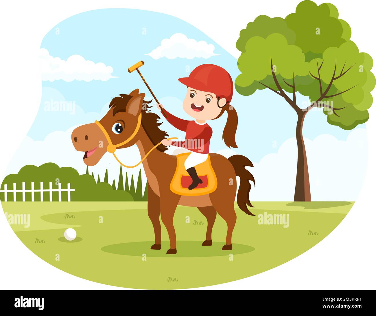 Polo Horse Sports with Kids Player Riding Horse and Holding Stick utilisation de l'équipement mis en place dans le dessin à la main de l'affiche de dessin à la main Illustration de Vecteur