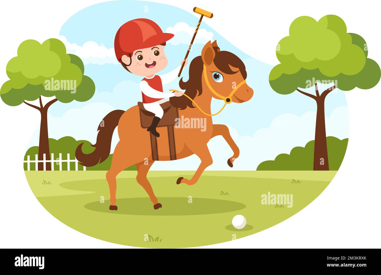 Polo Horse Sports with Kids Player Riding Horse and Holding Stick utilisation de l'équipement mis en place dans le dessin à la main de l'affiche de dessin à la main Illustration de Vecteur