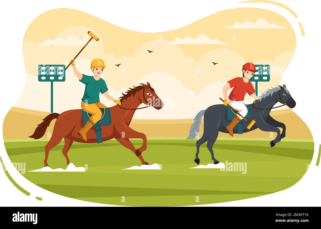 Polo Horse Sports avec le joueur Riding Horse et le bâton de retenue utiliser l'équipement mis en place dans le dessin à la main de l'affiche de dessin à la main Illustration de Vecteur
