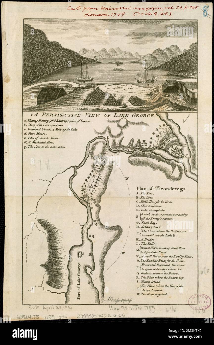 Une perspective du lac George : Plan de Ticonderoga , George, lac N.Y. : Lac, vues aériennes, premières œuvres jusqu'en 1800, Ticonderoga N.Y., Histoire, Guerre française et indienne, 1754-1763, cartes Norman B. Leventhal Map Centre Collection Banque D'Images