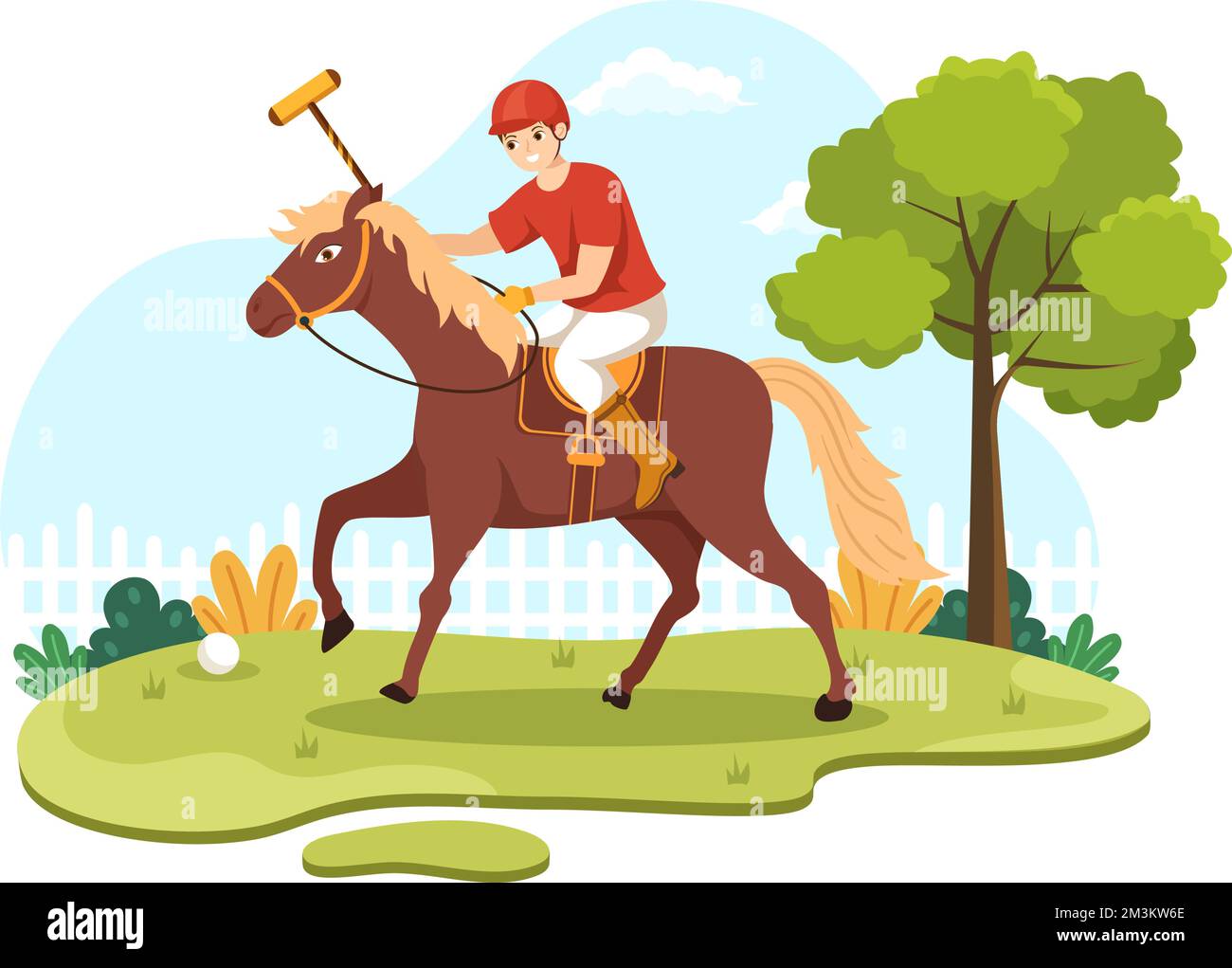 Polo Horse Sports avec le joueur Riding Horse et le bâton de retenue utiliser l'équipement mis en place dans le dessin à la main de l'affiche de dessin à la main Illustration de Vecteur