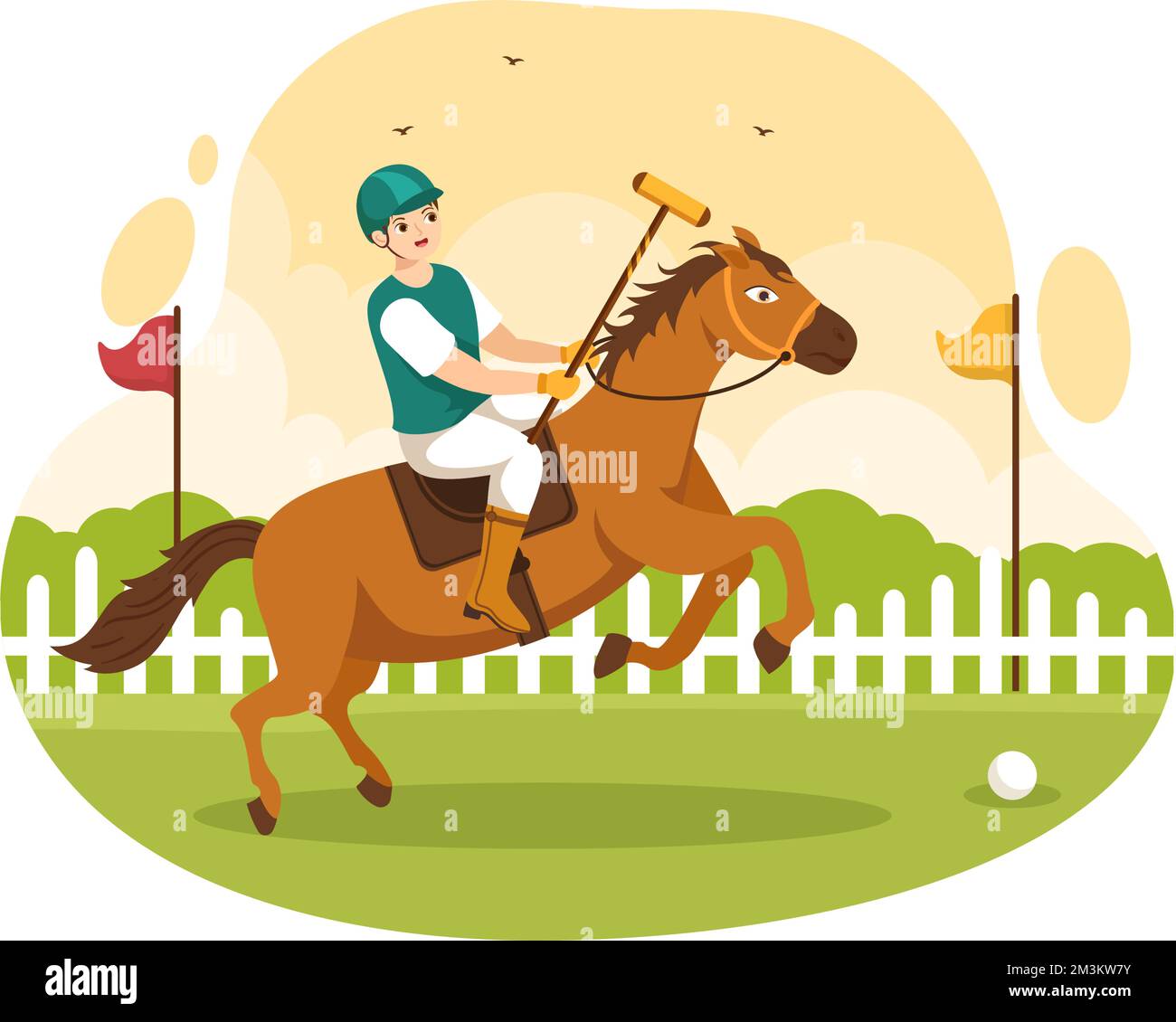 Polo Horse Sports avec le joueur Riding Horse et le bâton de retenue utiliser l'équipement mis en place dans le dessin à la main de l'affiche de dessin à la main Illustration de Vecteur