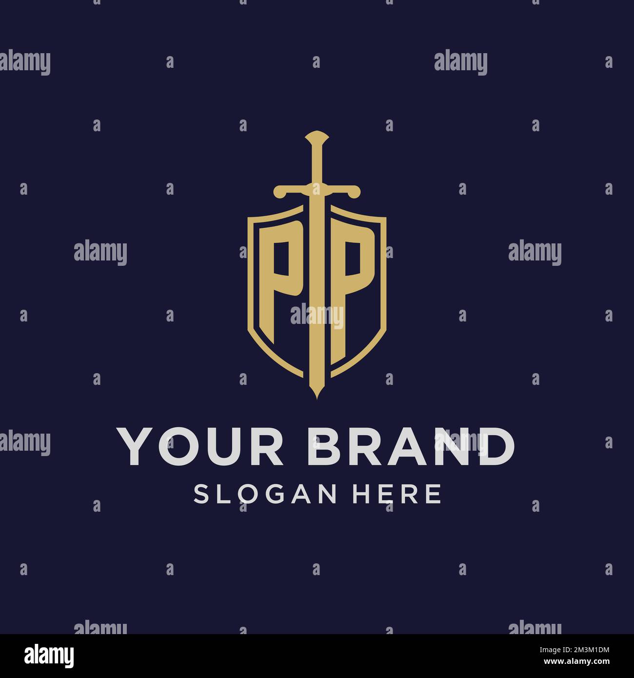 Logo PP monogramme initial avec idées de conception de bouclier et d'épée Illustration de Vecteur