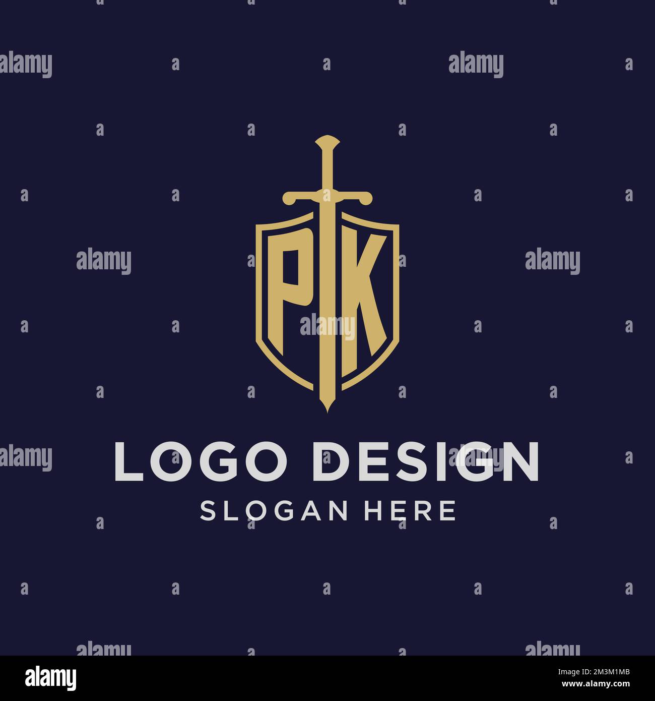 Logo PK monogramme initial avec idées de conception de bouclier et d'épée Illustration de Vecteur