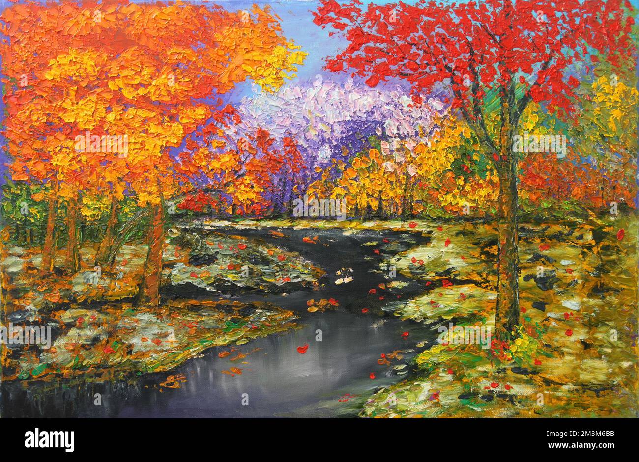 Peinture à l'huile de la rivière d'hiver traversant une forêt d'automne colorée Banque D'Images