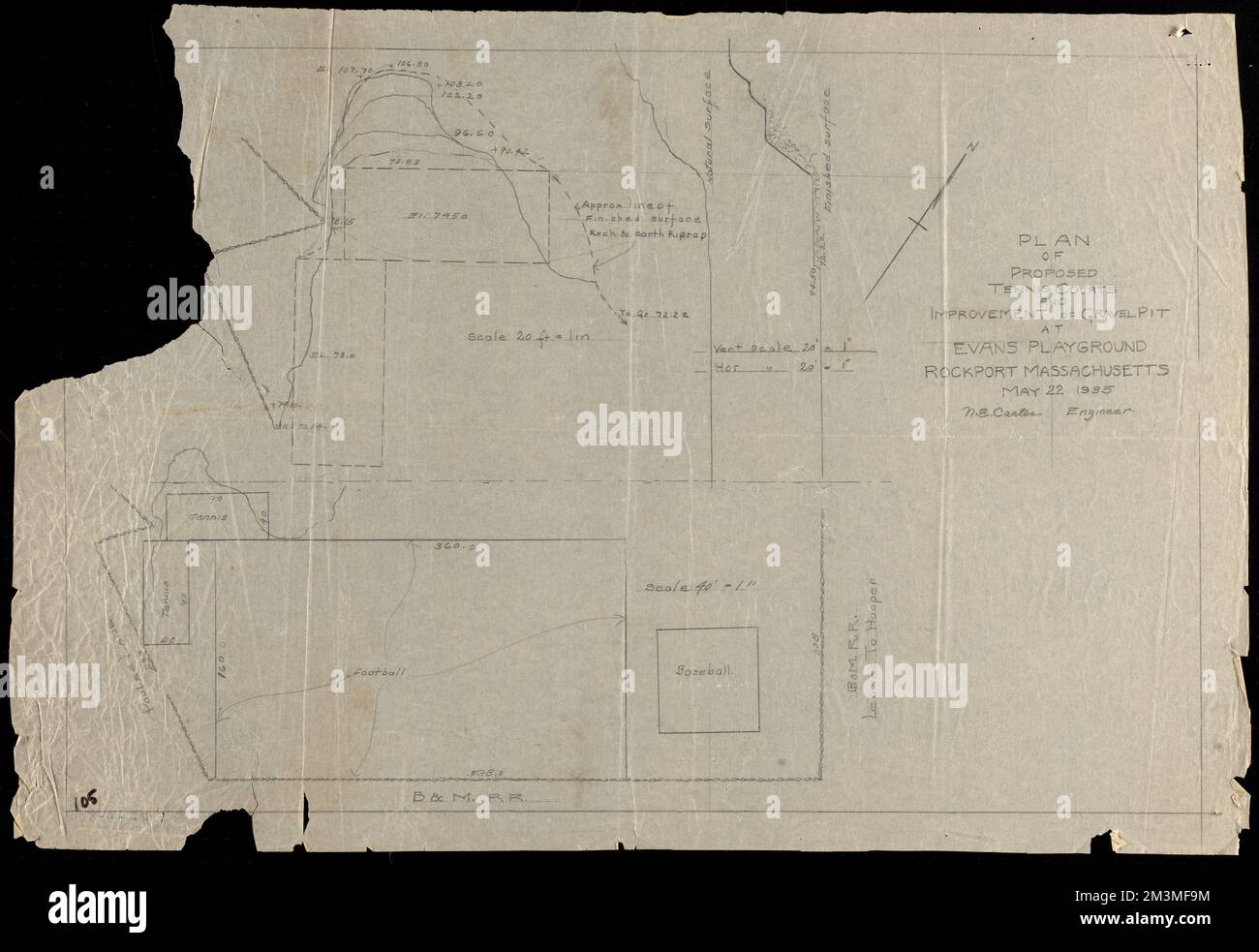 Plan des courts de tennis proposés et amélioration de la fosse de gravier à Evans Playground, Rockport, Massachusetts , terrains de jeux Banque D'Images