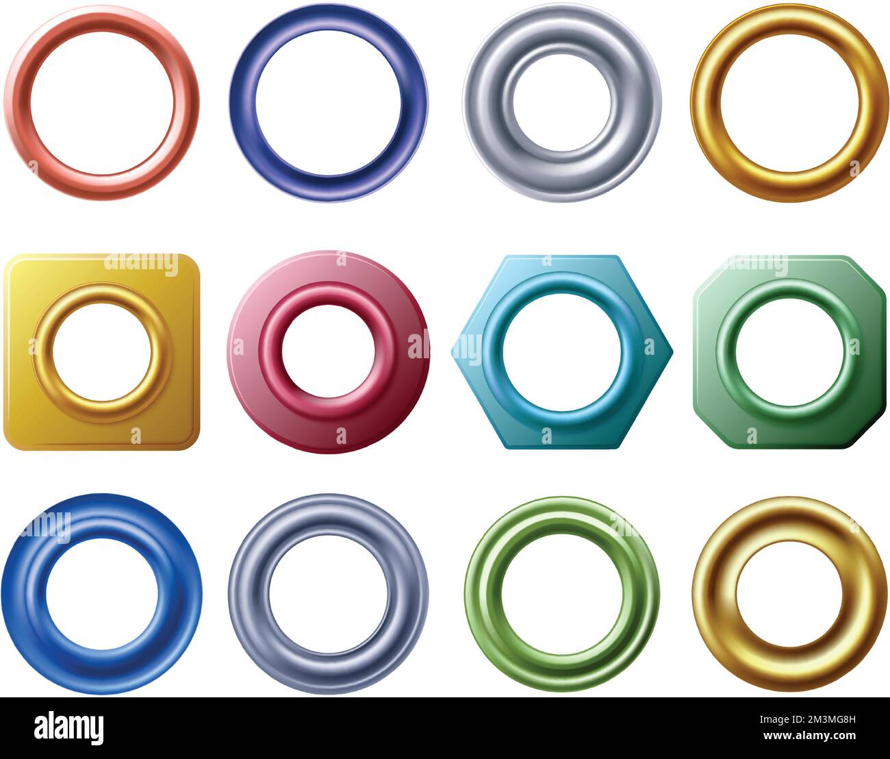 Anneaux de passe-fil. Œillets métalliques et dorés pour trous d'étiquettes, œillets métalliques à trous ronds et ensemble de vecteurs pour œillets de rideau Illustration de Vecteur
