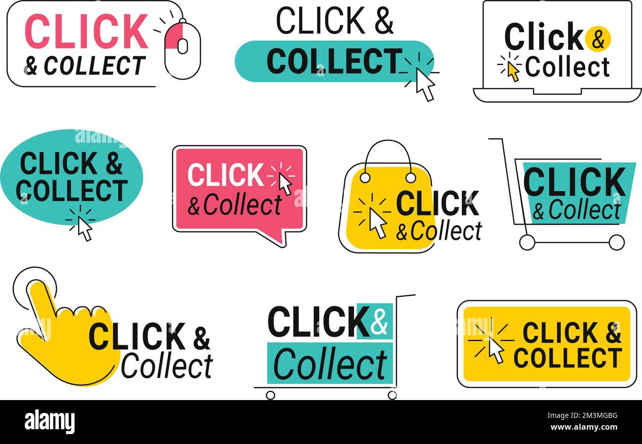 Cliquez sur et collectez. Boutons de la boutique en ligne avec pointeur de clic, souris d'ordinateur et jeu vectoriel de sacs d'achats Illustration de Vecteur