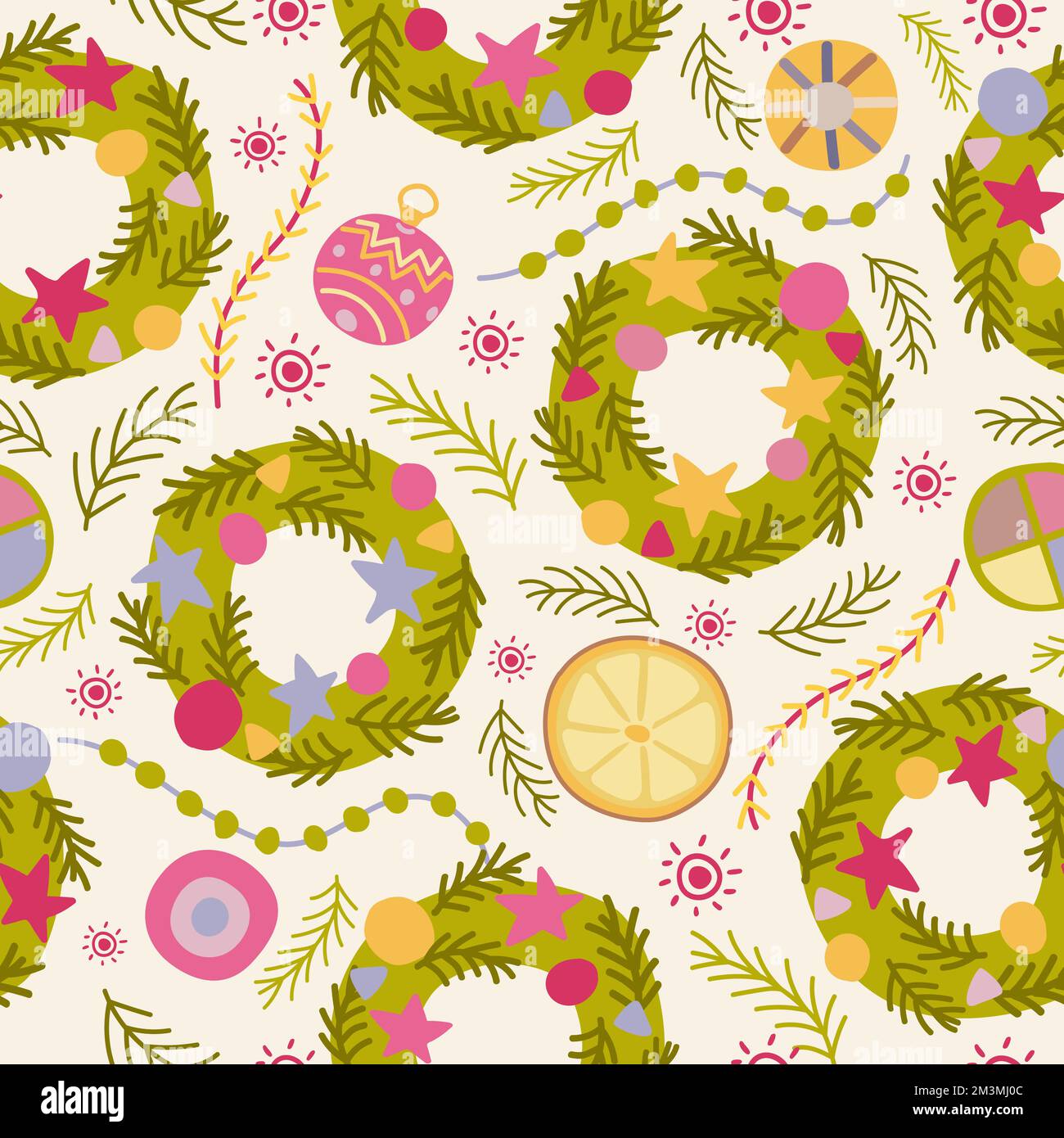Couronne de Noël et petites décorations dessinées à la main sans couture motif. Couronne, bulle, étoile, sapin, guirlande. Illustration de Vecteur