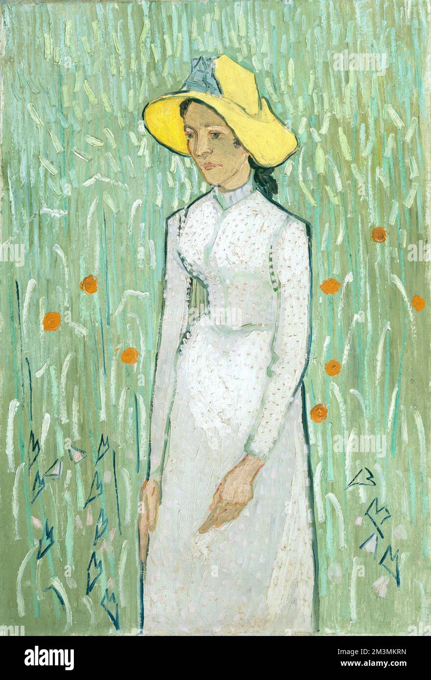 Vincent Van Gogh - fille en blanc - 1890 - fille en blanc avec chapeau jaune debout dans le champ de fleurs. Banque D'Images