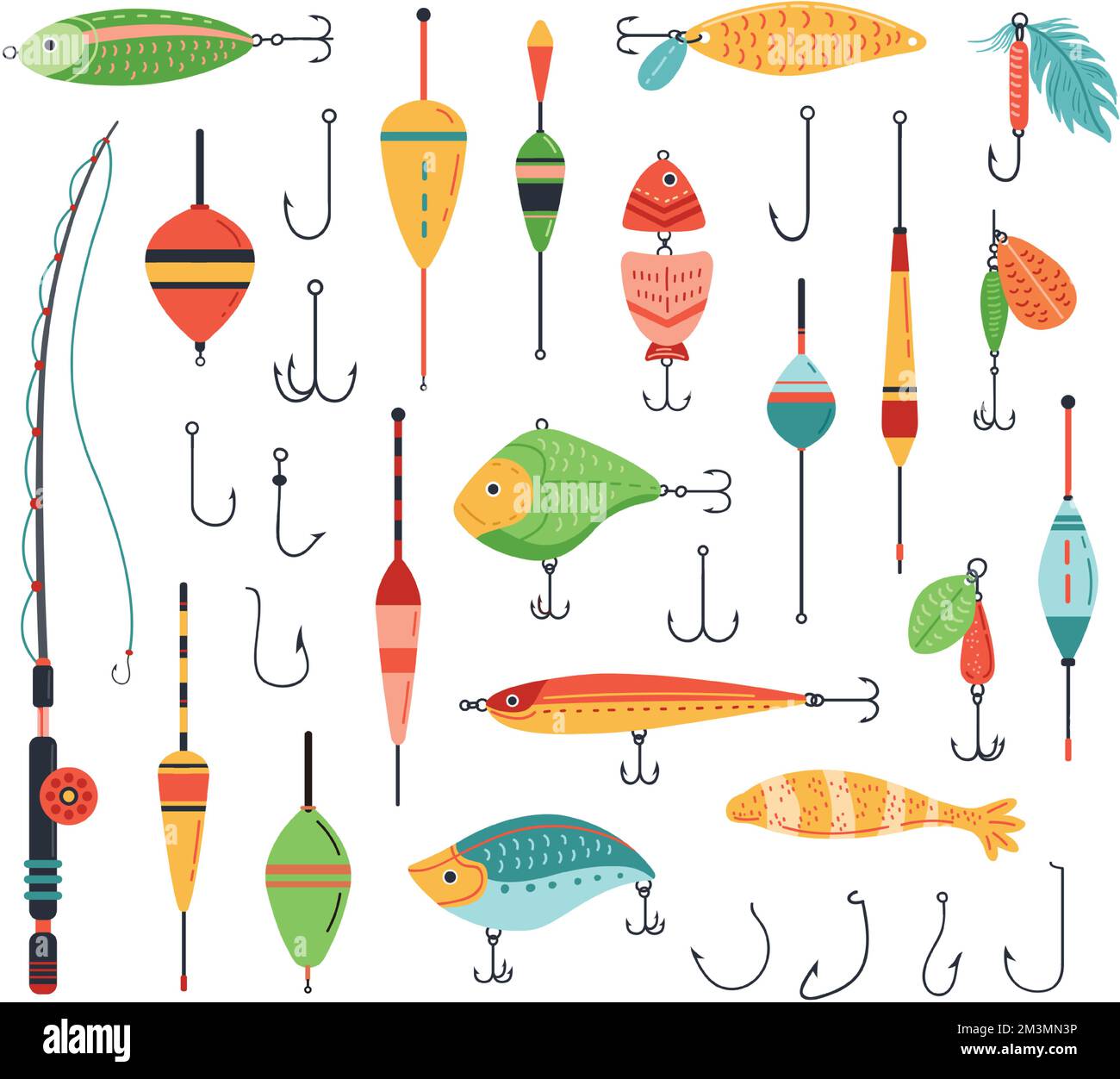 Accessoires de pêche. Appâts de poisson avec crochet, tige de pêcheur et attach avec poissons artificiels formes vecteur ensemble. Équipement d'activité de loisir saisonnier pour chat Illustration de Vecteur