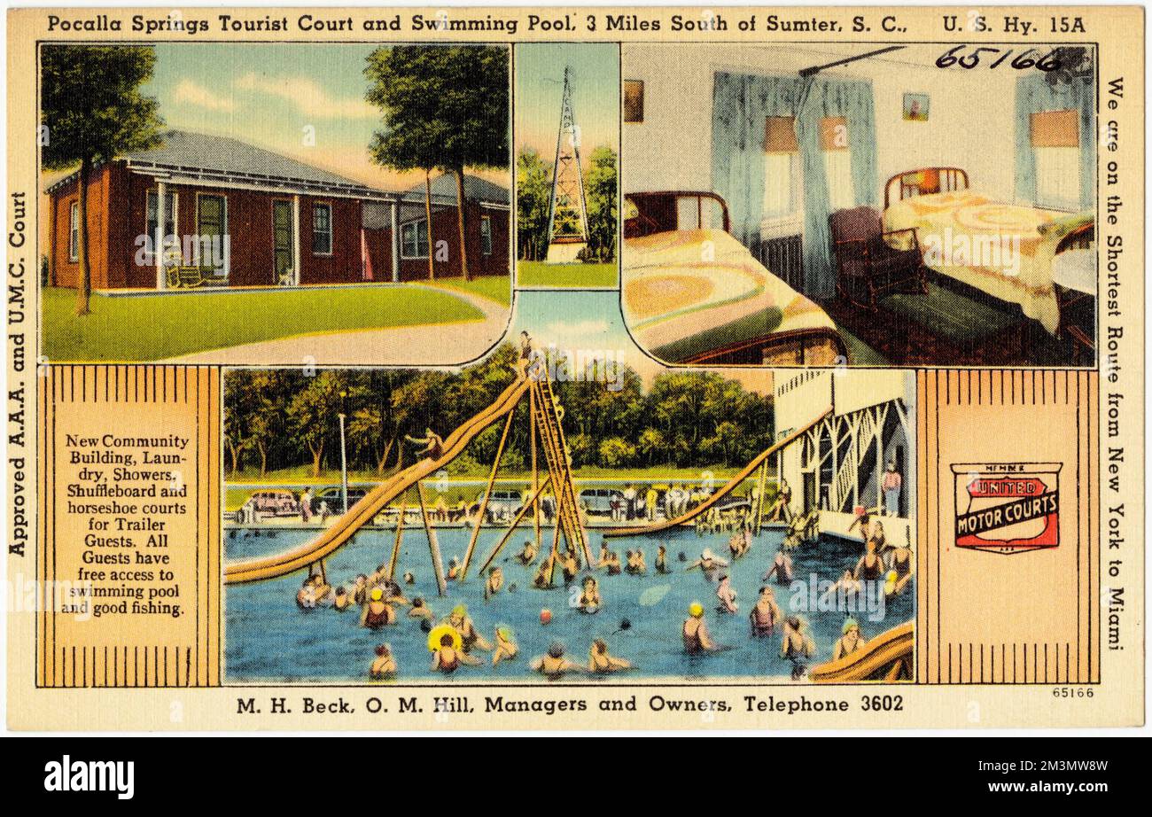 Pocalla Springs Tourist court et piscine, 3 miles au sud de Sumter, S. C., Etats-Unis HY. 15A , Motels, Tichnor Brothers Collection, cartes postales des États-Unis Banque D'Images